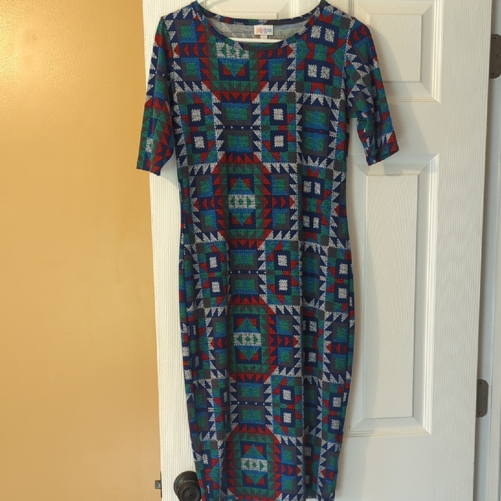 Geometric Patterned Dress in Blue and Green